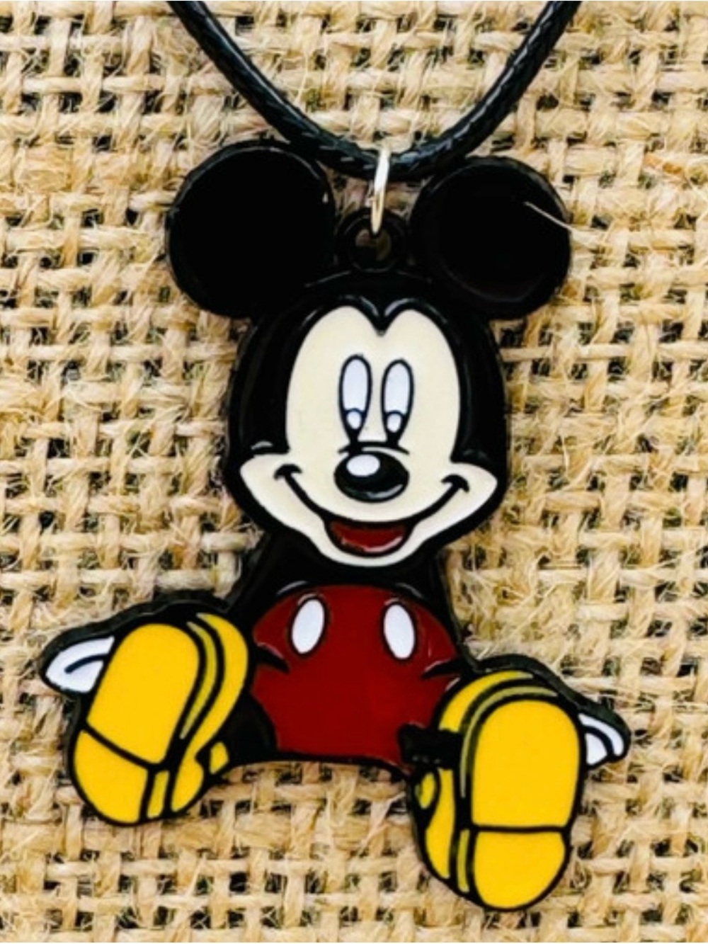 Disney Mickey Mouse Enamel Pendant Necklace Black Leather Cord 18in